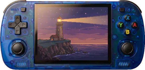 Clear blue R36H Pro Max seen from the front, a lighthouse at night in pixel art on the screen