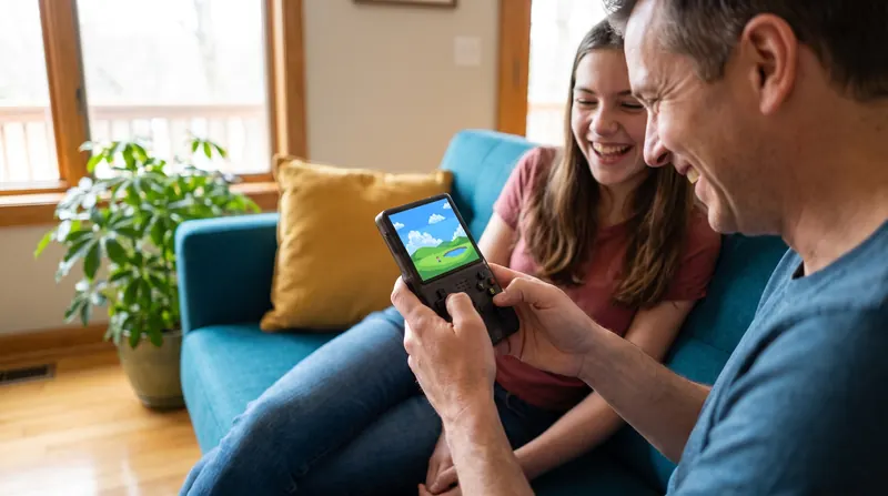 A parent and a teenager laughing on a teal sofa, the R36S in the parent’s hands