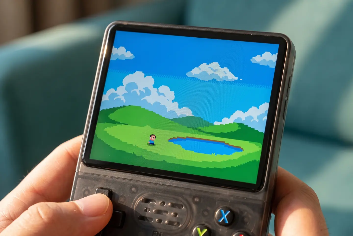 Close-up of the R36S screen showing a pixel art landscape, a thumb on the D-pad