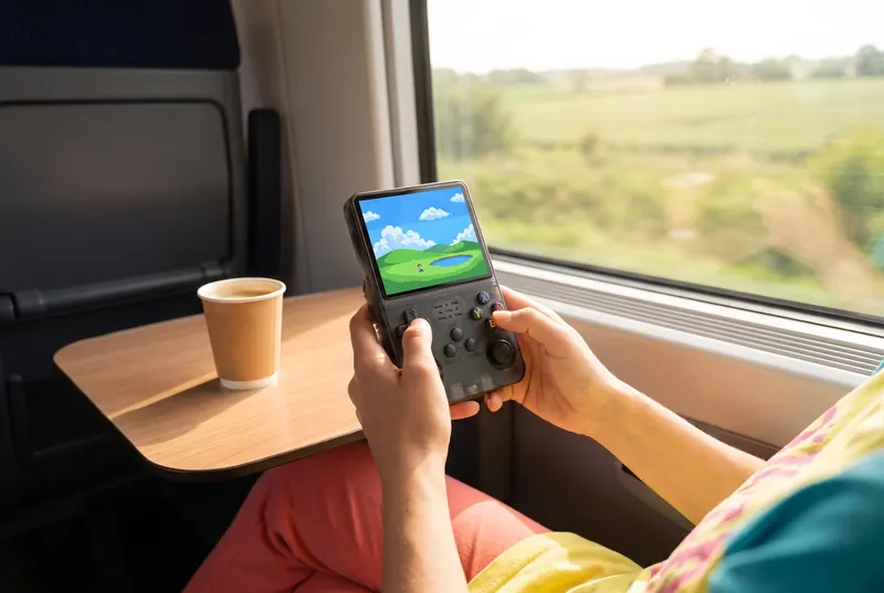 Hands holding a black R36S at a train window table, a paper coffee cup beside it