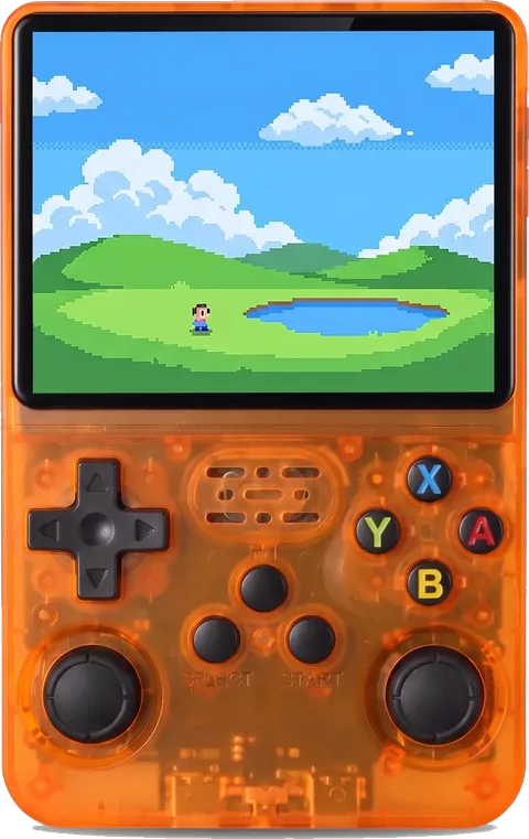 Orange R36S handheld seen from the front, pixel art landscape on the screen
